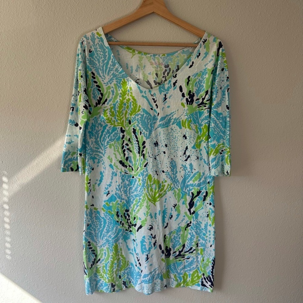 Lilly Pulitzer Pima Cotton Shift Dress Small Blue‎ Green Coral Print 3/4 Sleeve